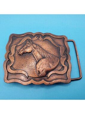 Vintage ArtMetal Copper Horse Belt Buckle Made In Canada Western Equestrian
